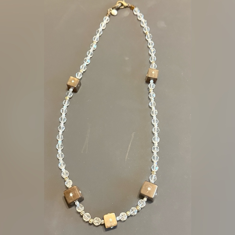Crystal and Brown Cube Bead Necklace - Unbranded